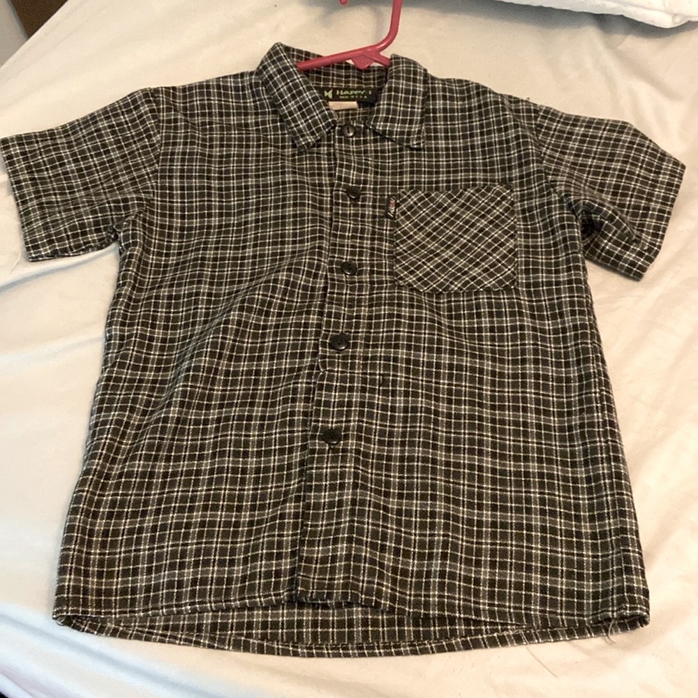 EUC! Boys size 3/4, black and gray, checkered, Happy-I button down shirt.